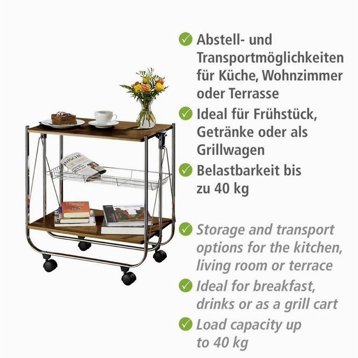 WENKO Dinett Deluxe Servierwagen, 2 Ablagen, zusammenklappbar, 4 Rollen 4
