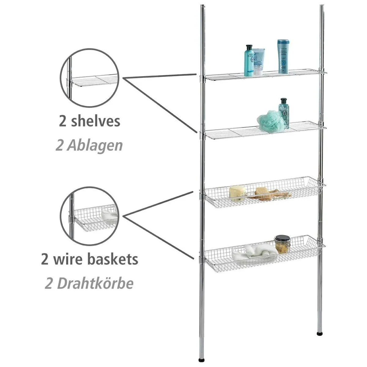 WENKO Badregal Ellera Teleskopregal, variabel einstellbar, zwei Ablagen und Körbe 3