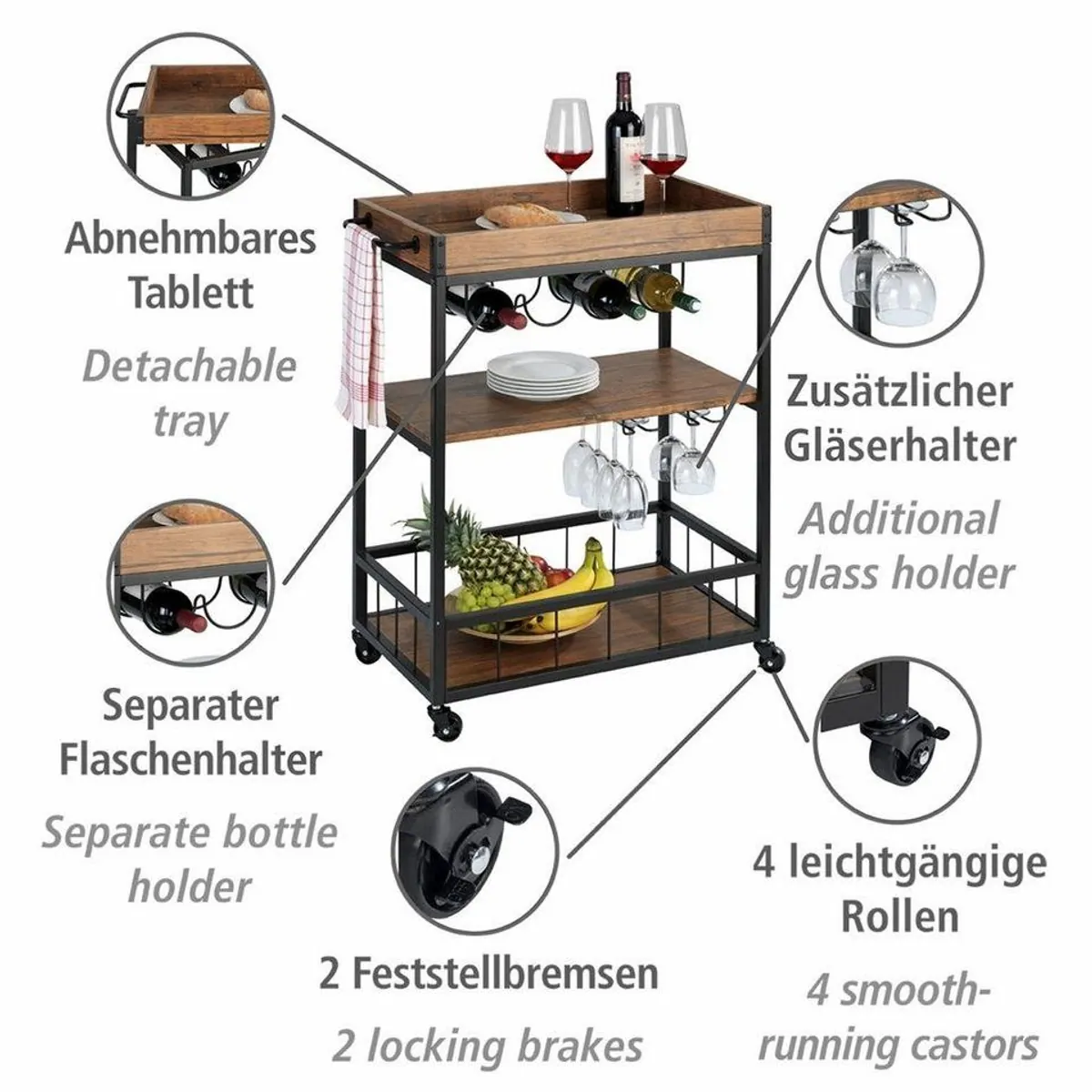 WENKO Rustico Servierwagen, vielseitig einsetzbar mit Flaschen- und Gläserhalter 2