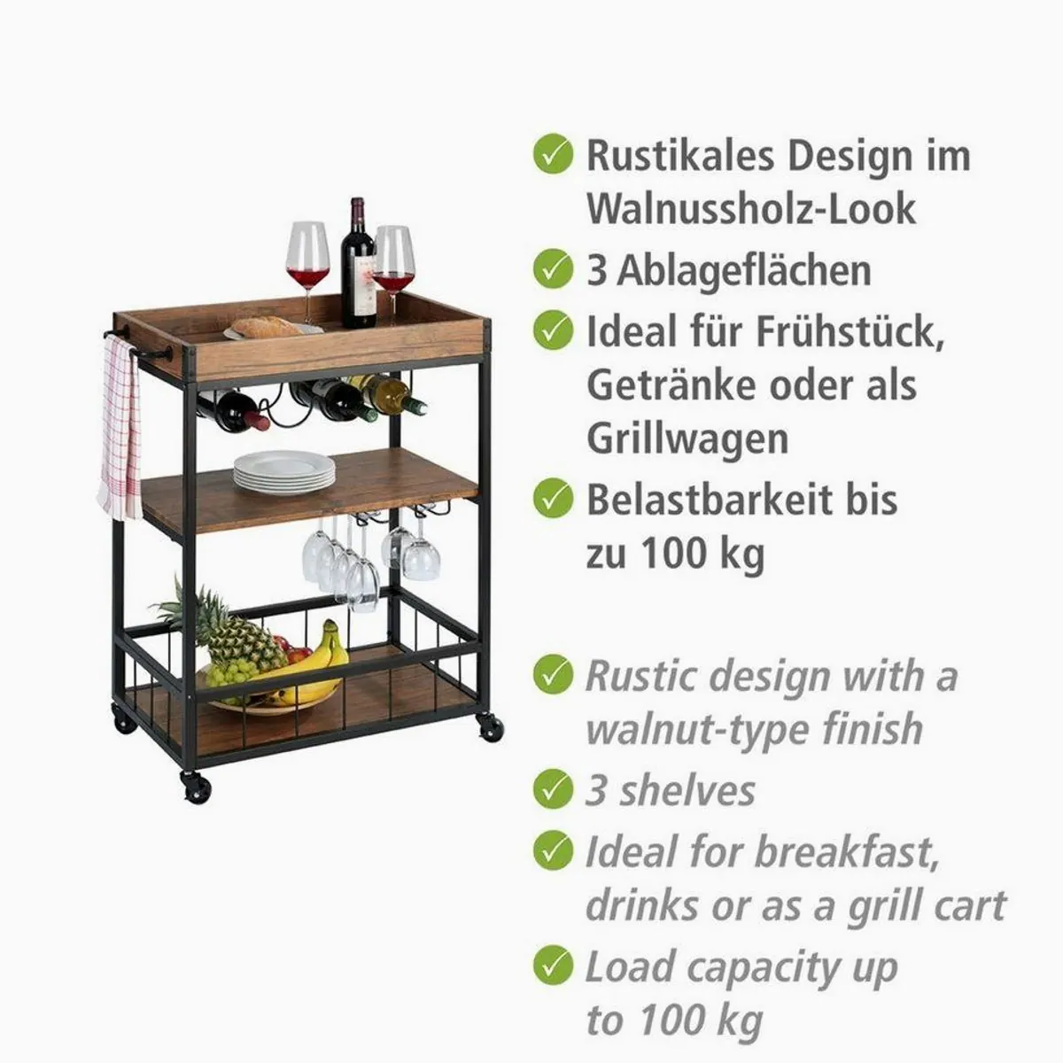 WENKO Rustico Servierwagen, vielseitig einsetzbar mit Flaschen- und Gläserhalter 3