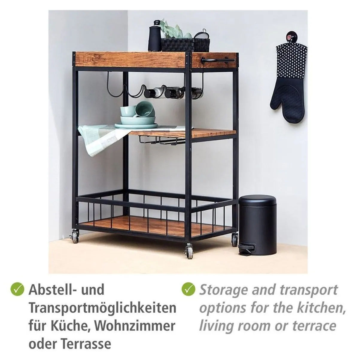 WENKO Rustico Servierwagen, vielseitig einsetzbar mit Flaschen- und Gläserhalter 4