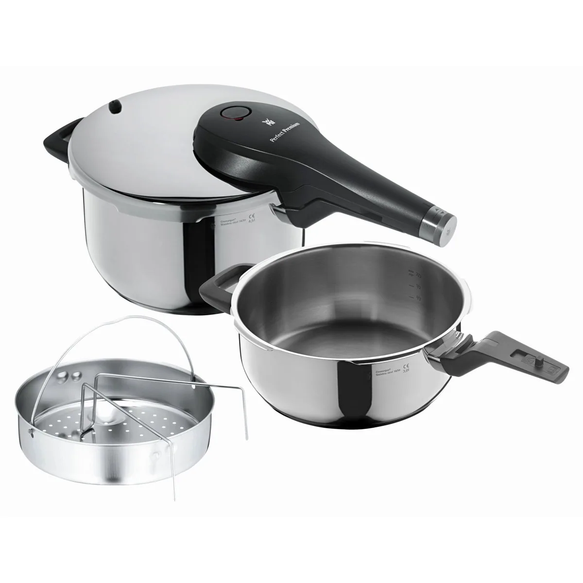 WMF Perfect Premium Schnellkochtopf-Set, 4,5l Dampf-/ Druckkochtopf, 3,0l Schnellbratpfanne, Dampfgareinsatz