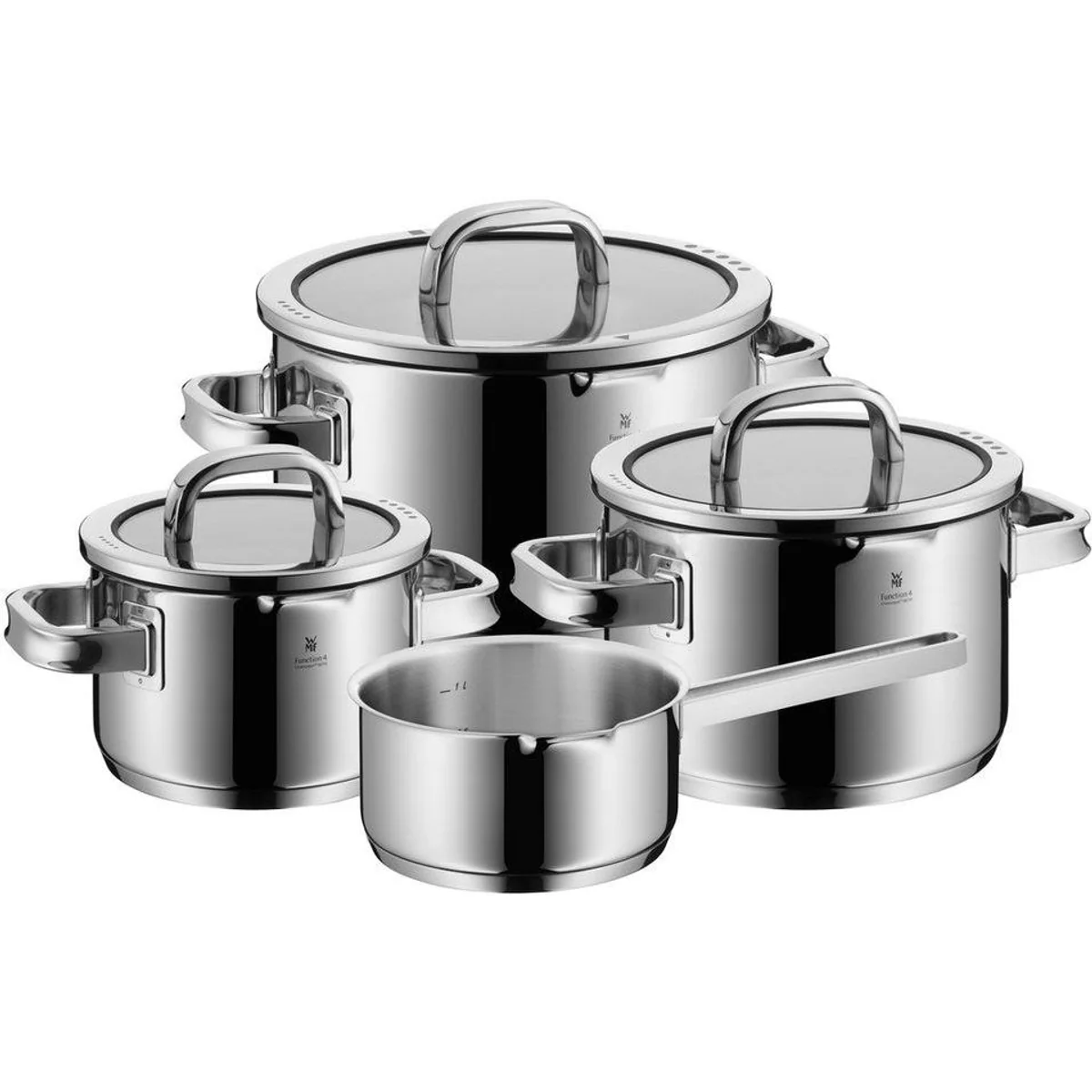 WMF Topf-Set Function 4, vielseitige Kochtöpfe mit Deckeln und Stielkasserolle