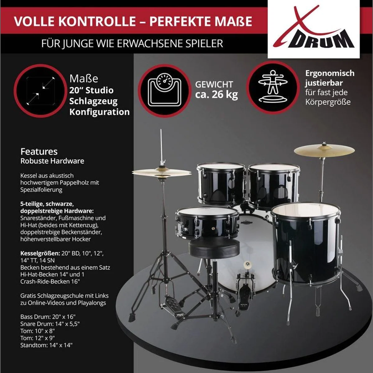 XDrum Schlagzeug Rookie 20" Studio, Komplettset mit Hocker & Drumsticks 2