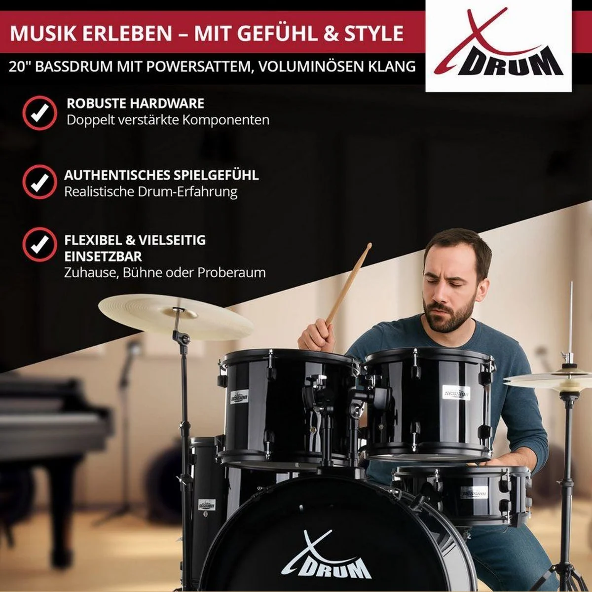 XDrum Schlagzeug Rookie 20" Studio, Komplettset mit Hocker & Drumsticks 3