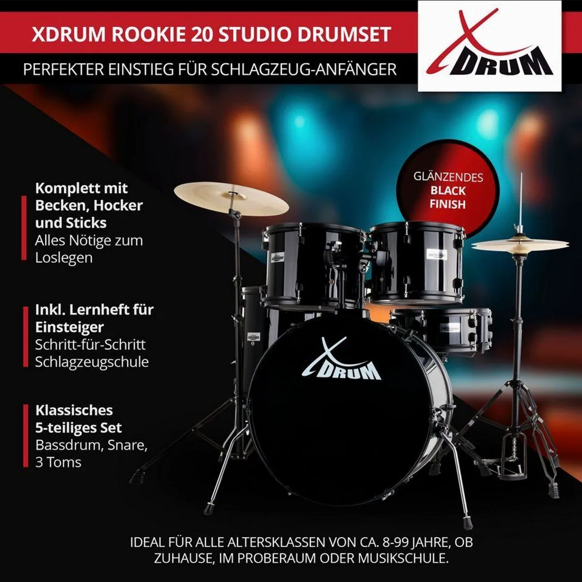 XDrum Schlagzeug Rookie 20" Studio, Komplettset mit Hocker & Drumsticks 5
