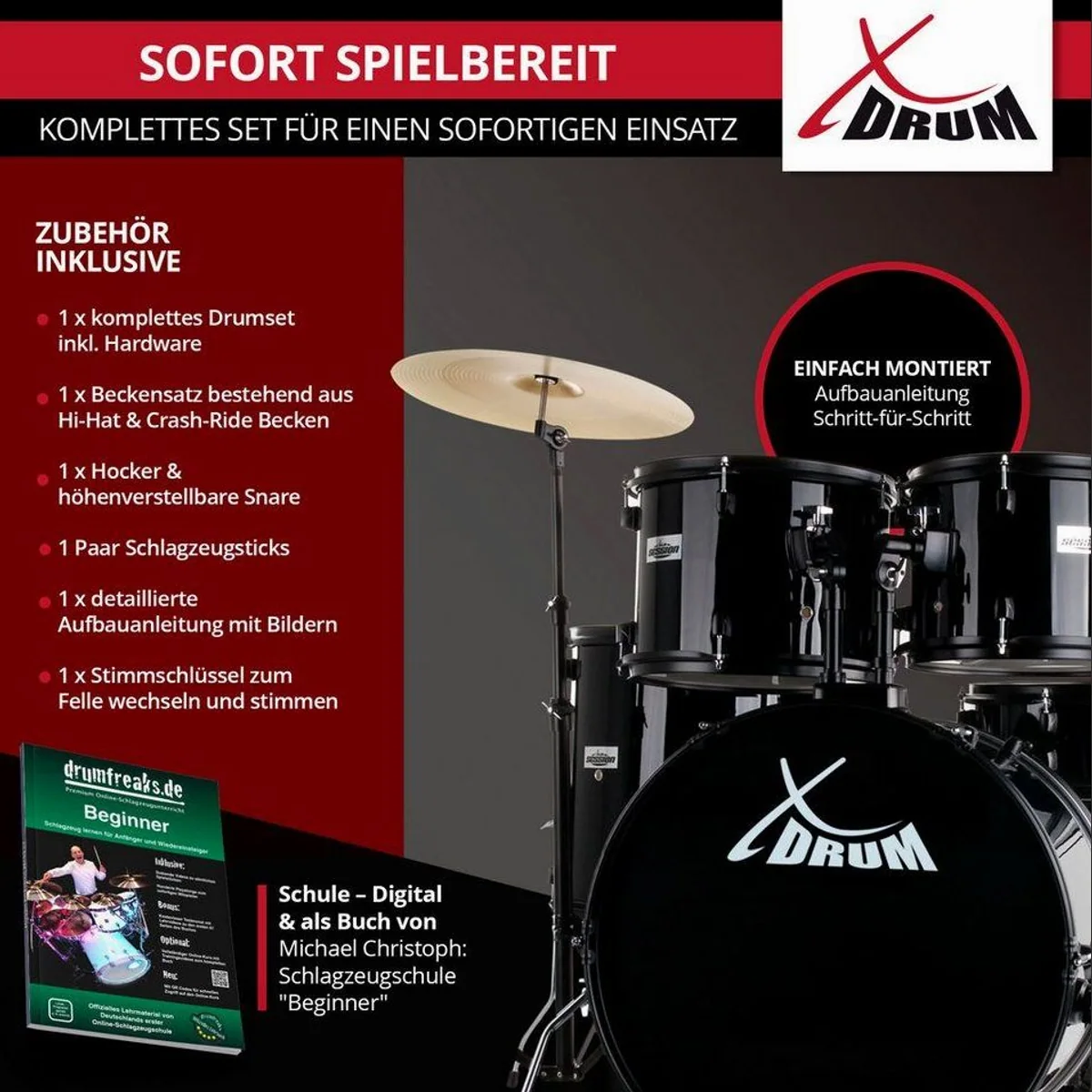 XDrum Schlagzeug Rookie 22" Fusion, Komplettset mit Hocker & Drumsticks 2