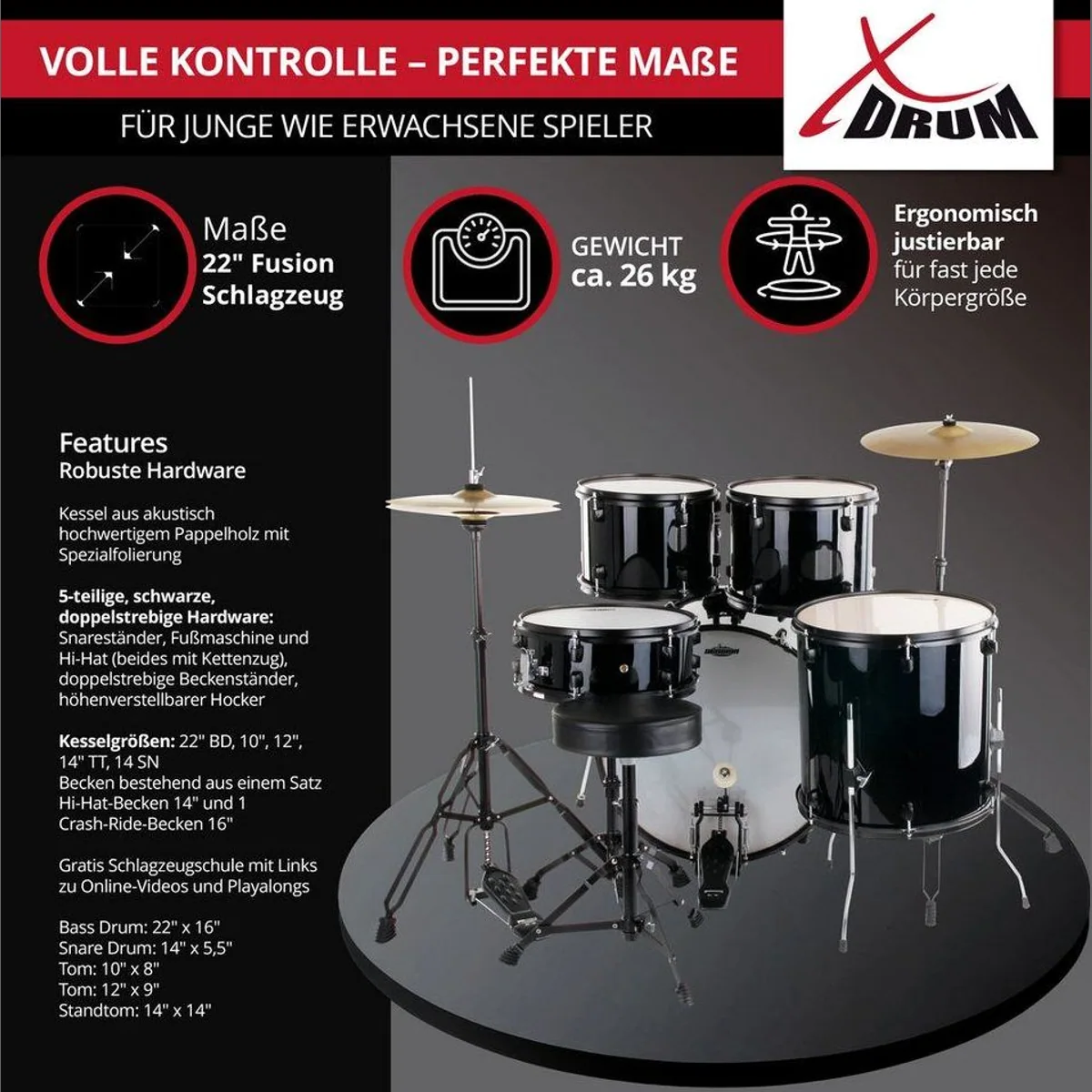 XDrum Schlagzeug Rookie 22" Fusion, Komplettset mit Hocker & Drumsticks 3