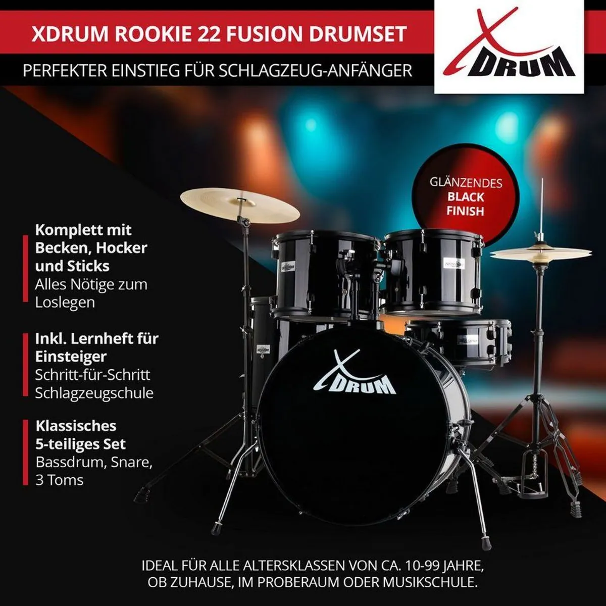 XDrum Schlagzeug Rookie 22" Fusion, Komplettset mit Hocker & Drumsticks 5